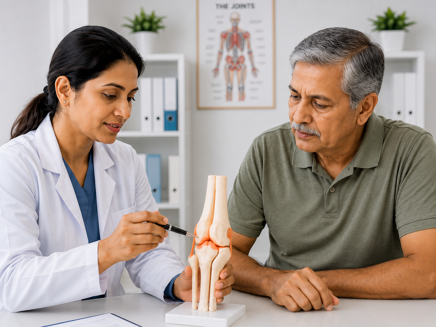 Doctor explaining knee joint anatomy to a patient during consultation